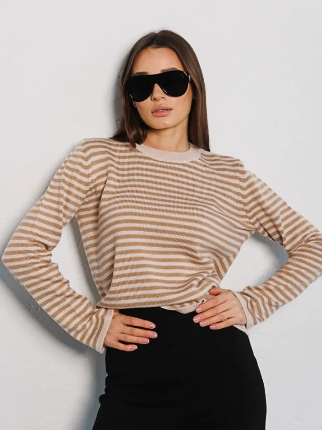 Women's Fashionable Simple Thread Contrast Color Round Neck Knitted Striped Sweater Khaki - Shop at LoveMi