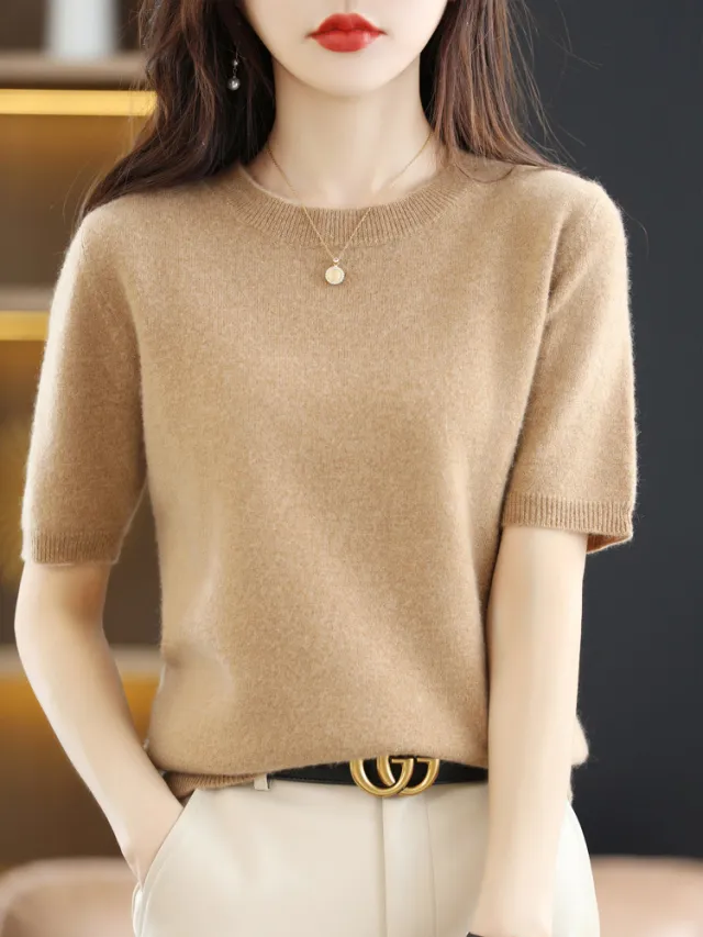Knitted Short Sleeve Loose T shirt Inner Wear Sweater Non cashmere Bottoming Shirt Golden Camel - Shop at LoveMi