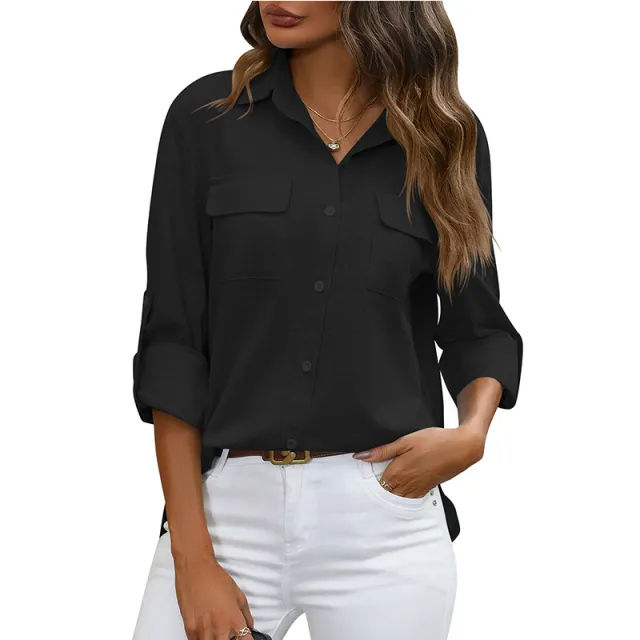 European And American Style Women Button Loose Shirt Solid Color Casual Black - Shop at LoveMi