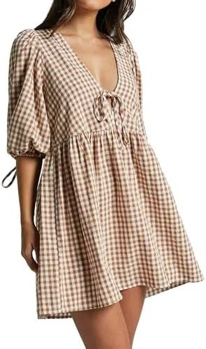 Women's V-neck Lace-up Plaid Dress - Caramel White