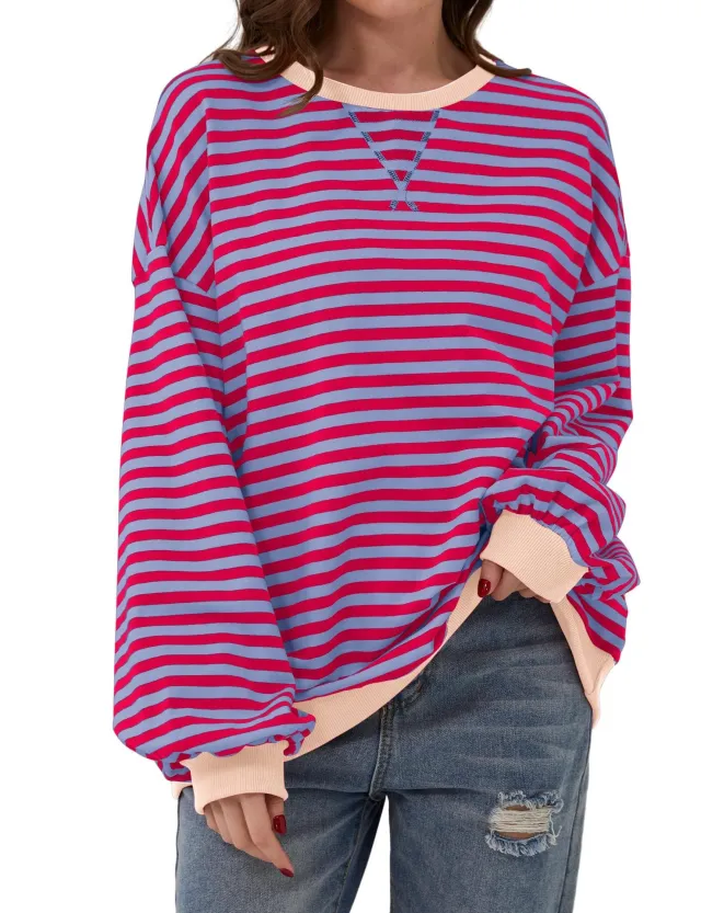 Simple Home Striped Pattern Round Neck Top Purple - Shop at LoveMi