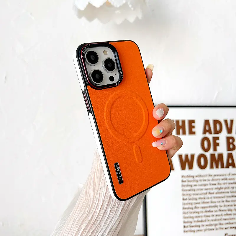 Plain Leather Phone Case Magnetic Contrast Color Protective Cover