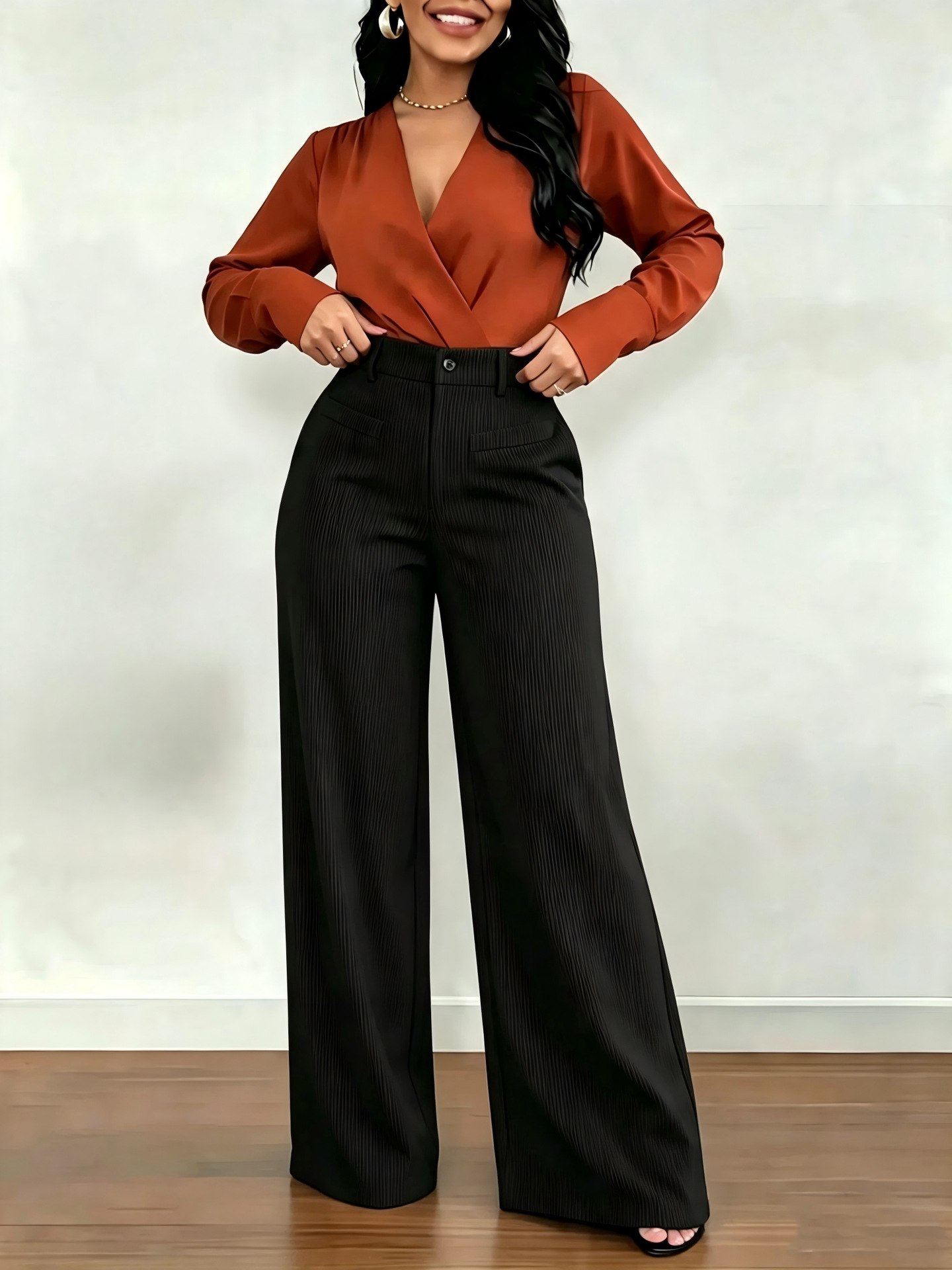 Pantalon femme uni chic décontracté, coupe ample à jambes larges fuselées, effet amincissant, tombé fluide