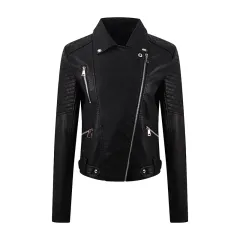 PU Women's Short Leather Oblique Pull Slim Motorcycle Clothing Washed Leather Jacket - Black - View 1