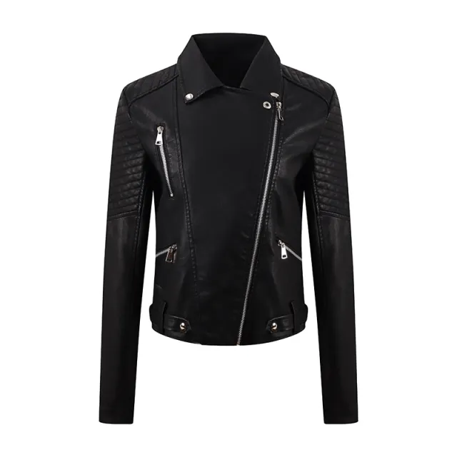 PU Women's Short Leather Oblique Pull Slim Motorcycle Clothing Washed Leather Jacket Black - Shop at LoveMi
