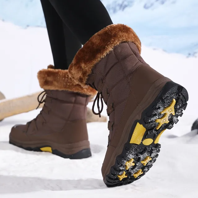 Waterproof And Cold proof Long Boots Female Outdoor Plus Fluff Thickened Brown - Shop at LoveMi