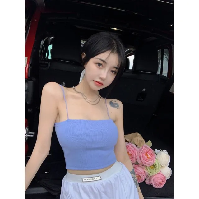 Solid Color String Inspirational Backless Sling European And American Outer Wear Sexy Midriff baring Vest Blue - Shop at LoveMi