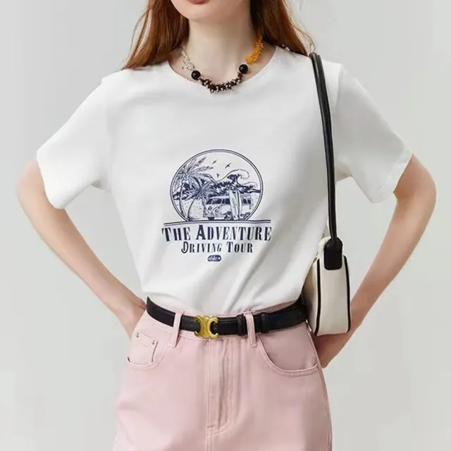 Printed Wide Loose Shoulder Short Sleeve White - Shop at LoveMi