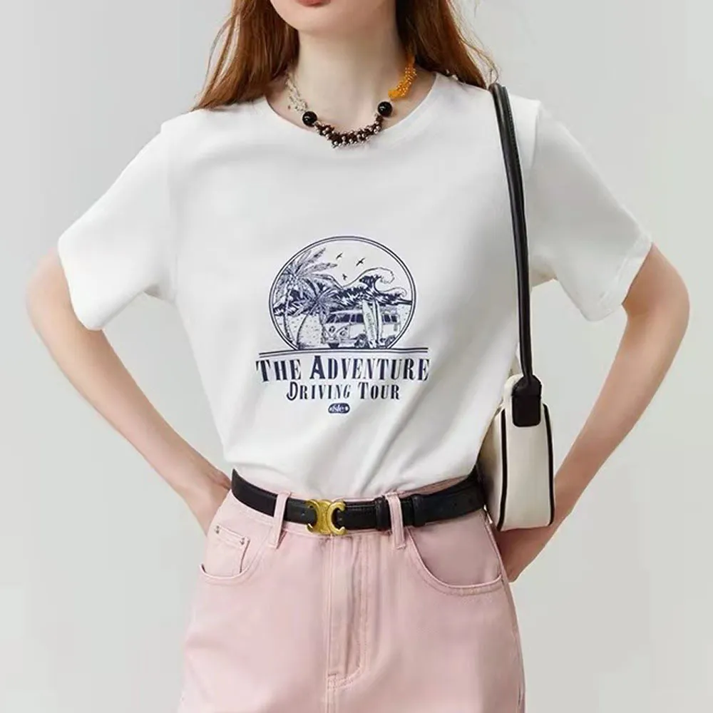 Printed Wide Loose Shoulder Short Sleeve - White