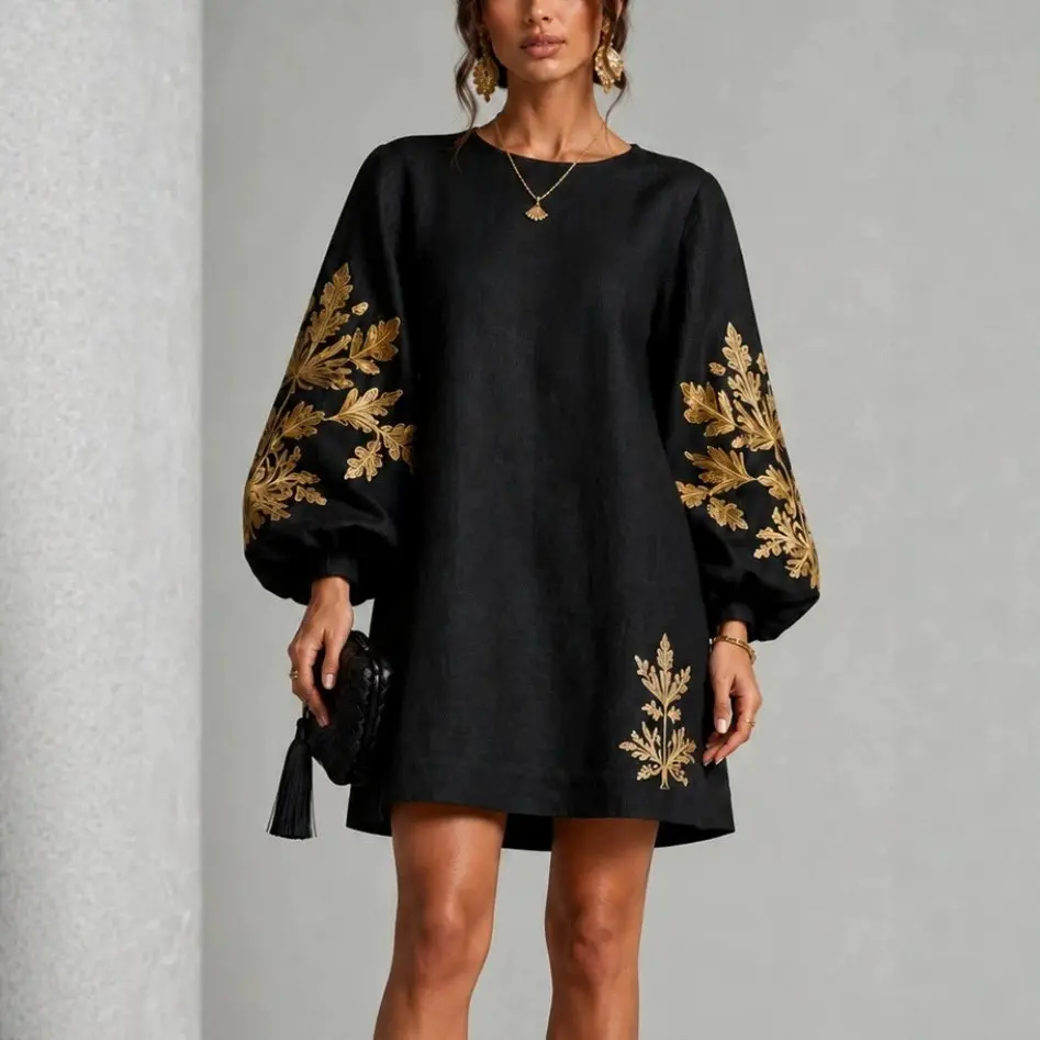 Pullover Printed Crew-Neck Casual Long-Sleeve Dress