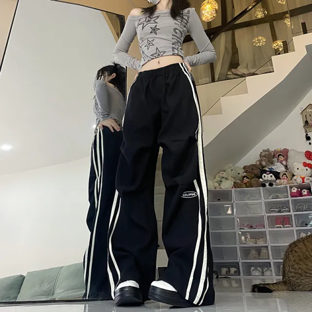 American Style Retro Workwear Three Bars Straight leg Pants Women's Black - Shop at LoveMi