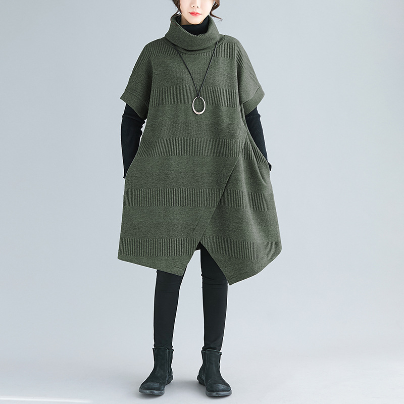 Thick Solid Color Casual Slimming High Collar Short Sleeve Easy To Match Irregular Dress Army Green - Shop at LoveMi