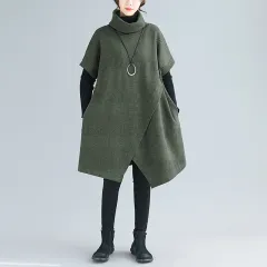 Thick Solid Colour Casual Slimming High Collar Short Sleeve Easy To Match Irregular Dress - Army Green - View 1
