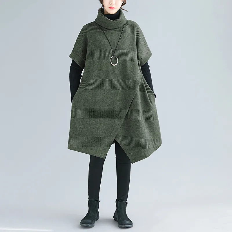 Thick Solid Color Casual Slimming High Collar Short Sleeve Easy To Match Irregular Dress - Green
