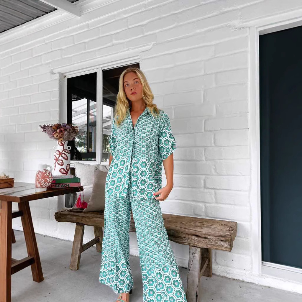 Printed Casual Fashion Shirt Wide Leg Pants Suit