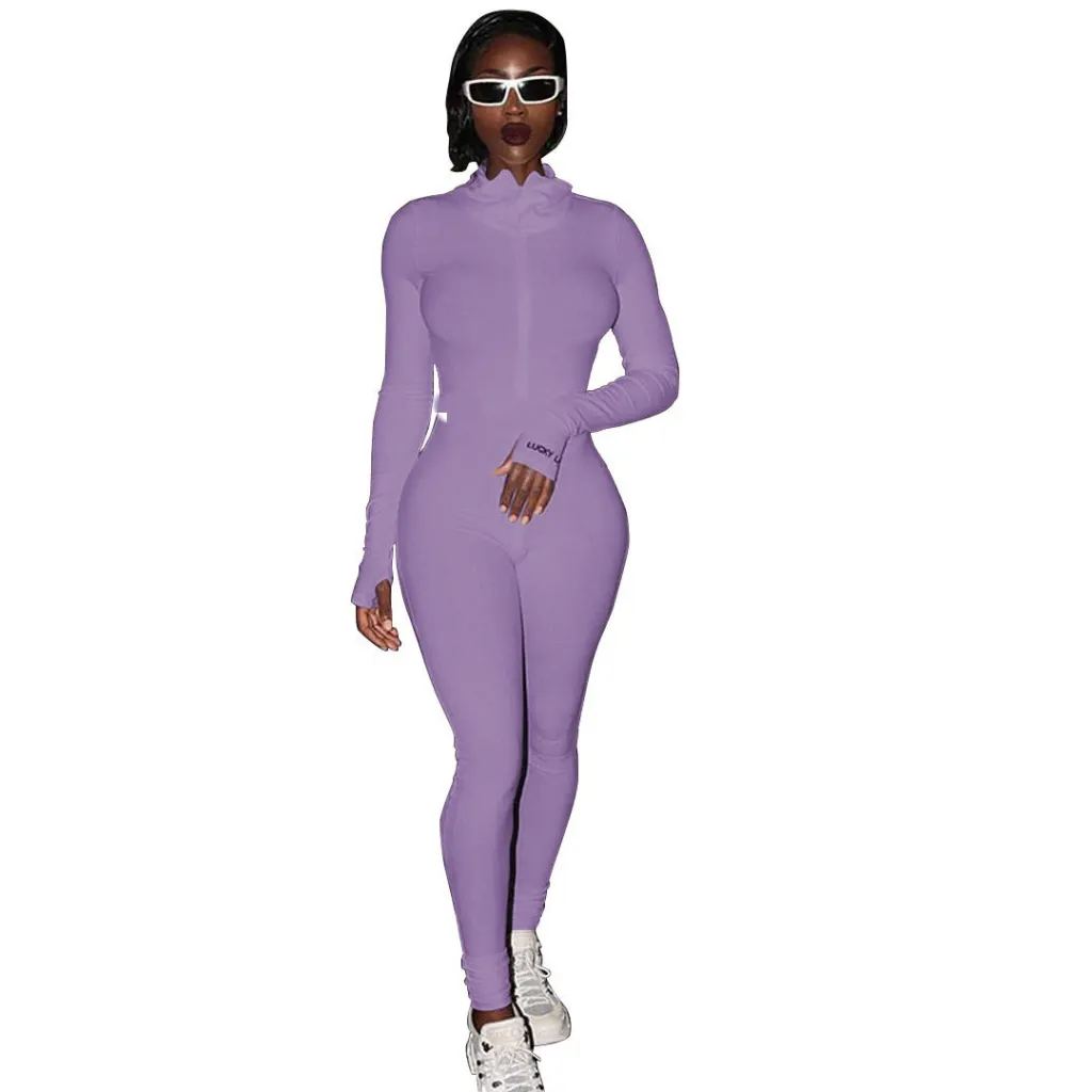 Women's Zipper Stretch Turtleneck And Embroidered Slim Fit Fitness Jumpsuit Yoga Suit - Long, Purple Style