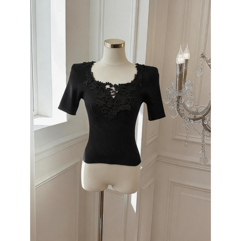 Womens Pure V-neck Knitted Top With Lace Paneling 2