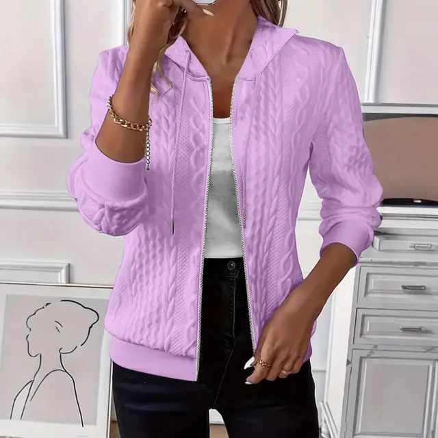 Women's Long sleeved Knitted Zipper Hooded Jacket Purple - Shop at LoveMi