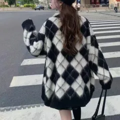 Plaid Knitted Cardigan Coat For Women - Black - View 1