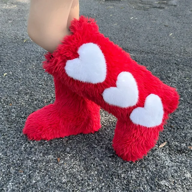 Flat Long Fur Boots Women's Fleece lined Thick Waterproof Warm Love Snow Boots Red - Shop at LoveMi