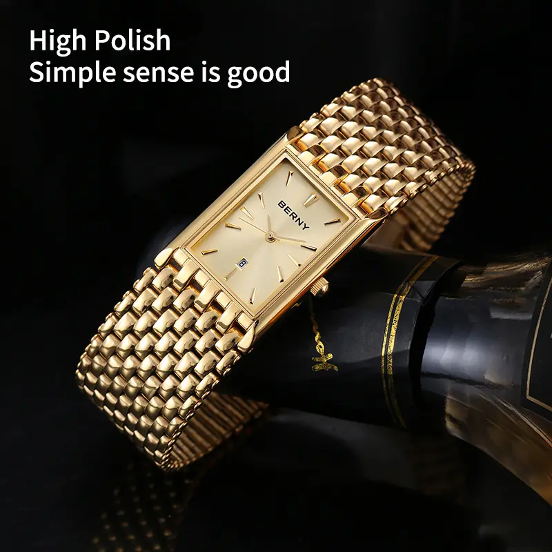 Ultra-thin Gold Quartz Watch Rectangular Stainless Steel