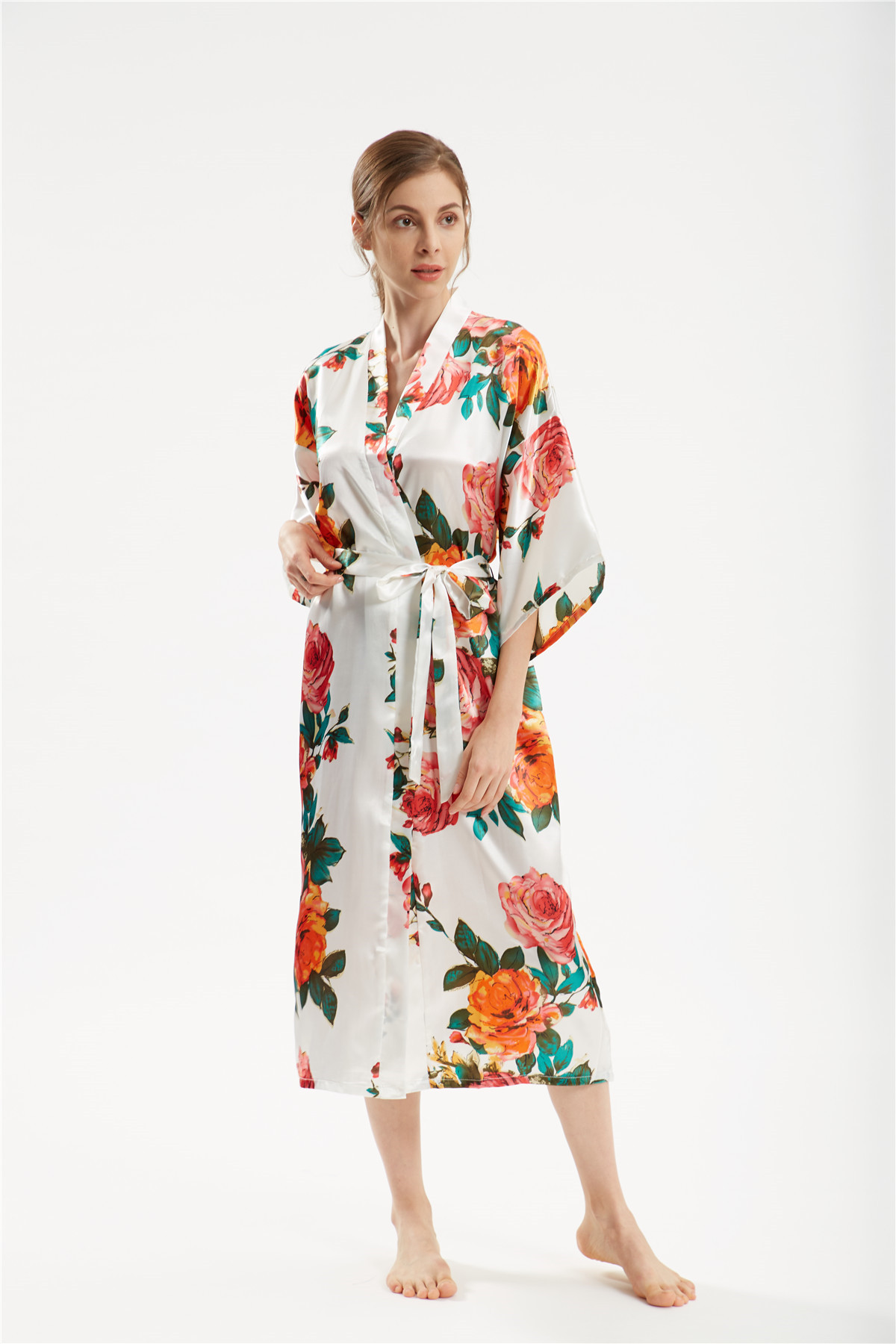 Title 2, Satin handbemalter Pfingstrose langer Kimono Yu...