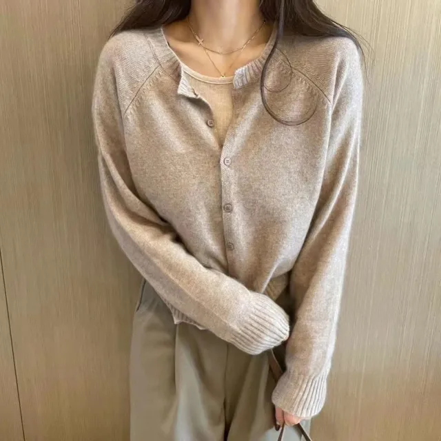 Women's Cardigan Loose Cropped Sweater Light Camel - Shop at LoveMi