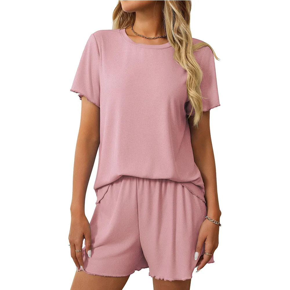 Women's Short-sleeved Suit Solid Color Shorts Pajamas Homewear Clothing - Pink