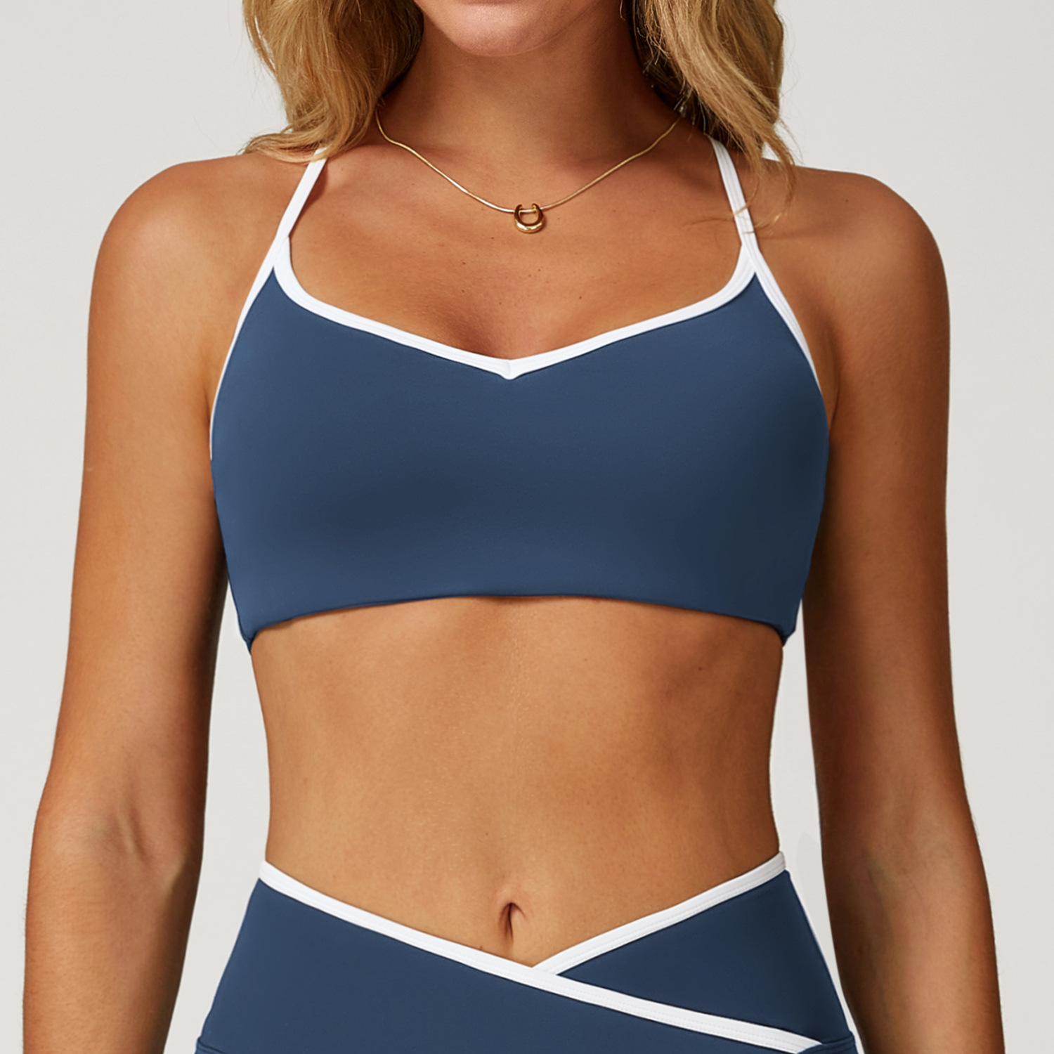 Nude Feel Yoga Bra Hollow out Beauty Back Contrast Color Quick drying Badge Blue - Shop at LoveMi