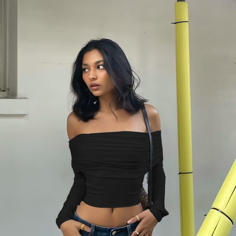 Women's Fashion Simple Off shoulder Slim Fit All matching Long Sleeve Top Black - Shop at LoveMi
