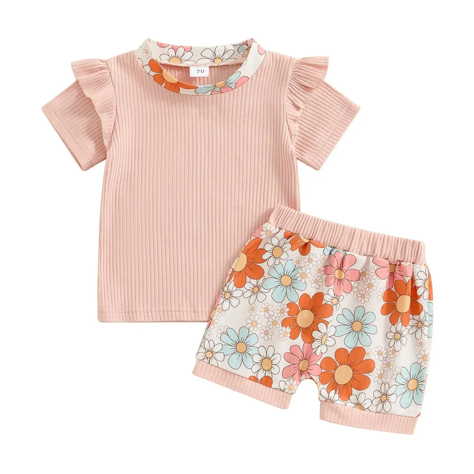 Girls' Flower Printed Short-sleeved Top Shorts Suit