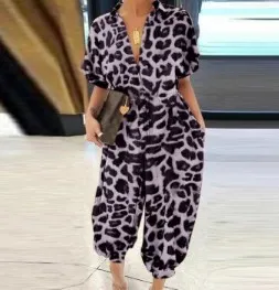 Women's Retro Short Sleeve Button Jumpsuit - Purple Leopard Print