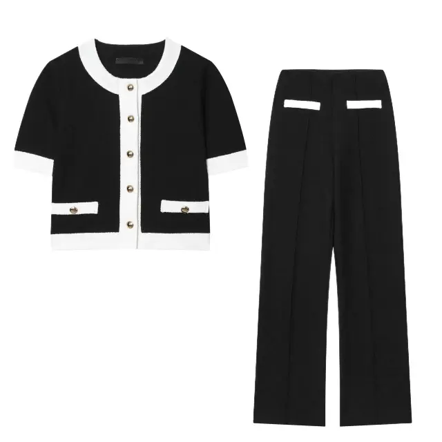 Contrast Color Beaded Leather Round Neck Top Stretch High waisted Trousers Suit Suit M - Shop at LoveMi