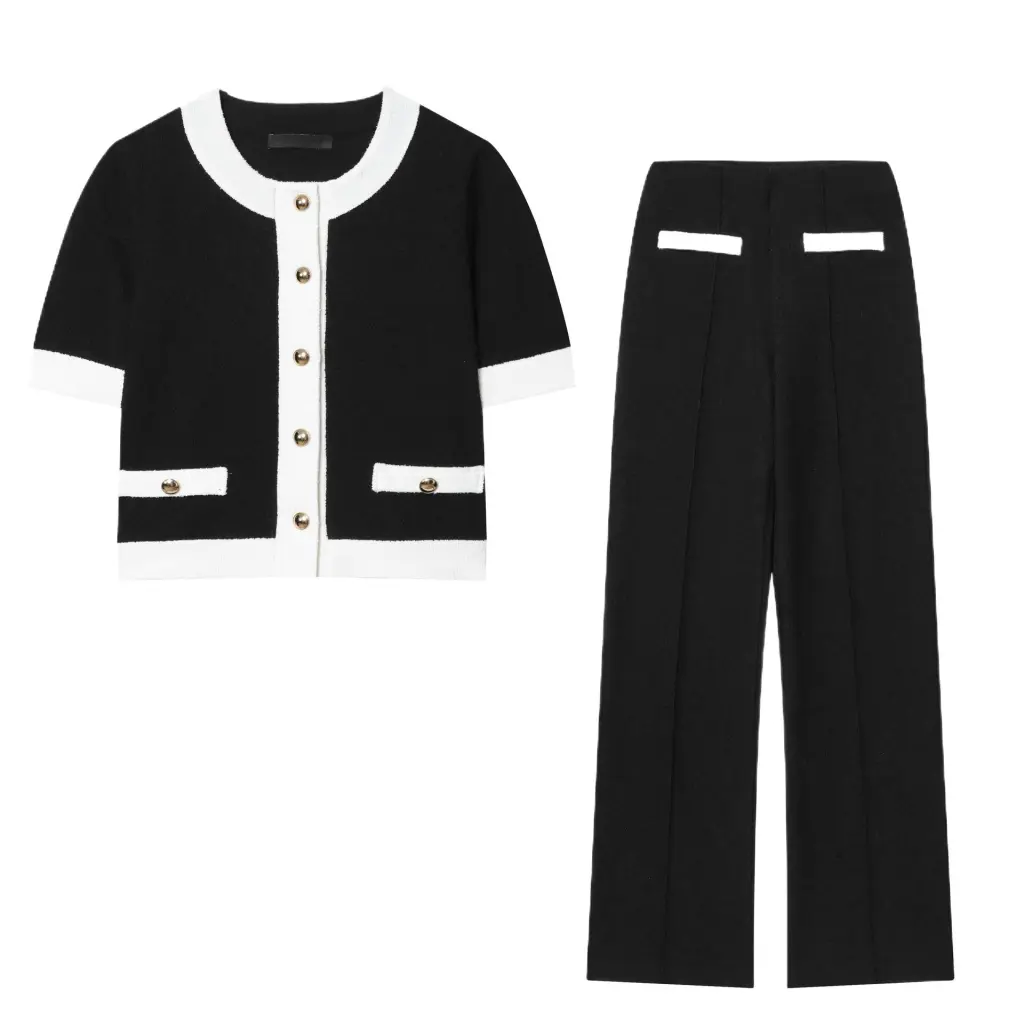 Contrast Color Beaded Leather Round Neck Top Stretch High-waisted Trousers Suit - Suit-M