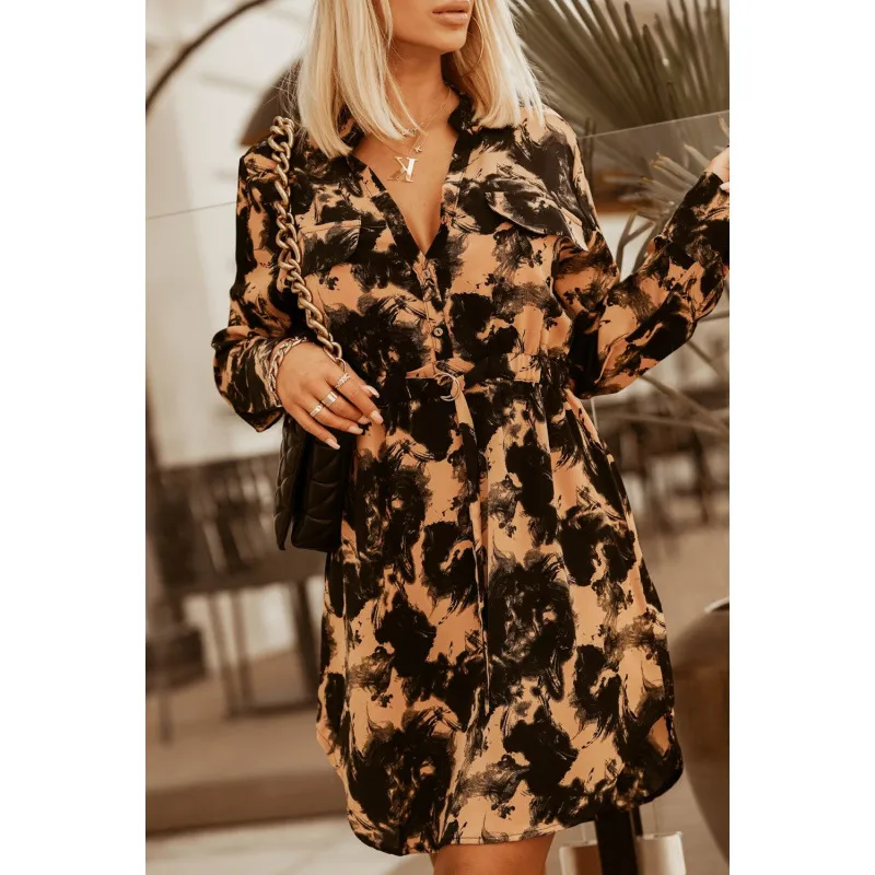 Autumn And Winter New Fashion Waist-controlled Tied Long Sleeves Printed Shirt Dress - Black Yellow Flower