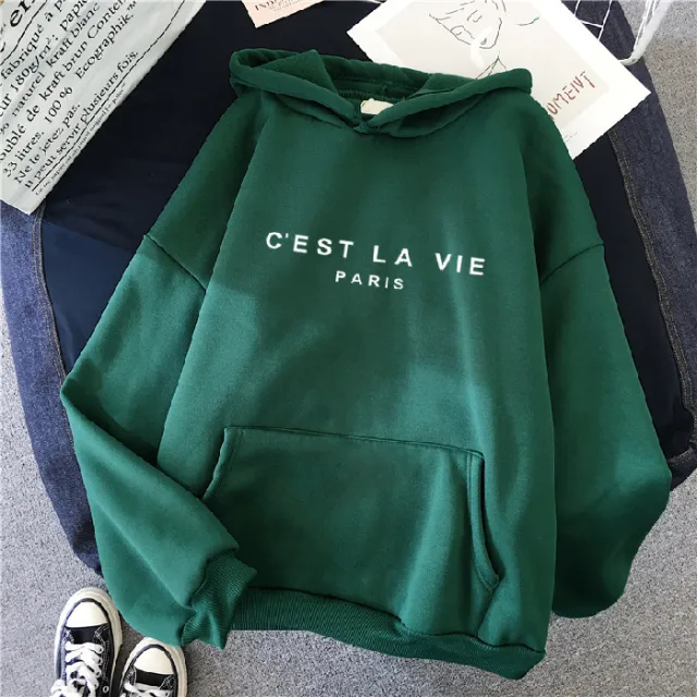 Women's Letter Printed Hoodie Coat Dark Green And White Figure - Shop at LoveMi