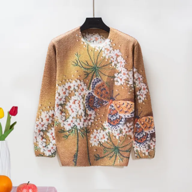 All matching Three dimensional Vintage Print Loose Sweater Pansy - Shop at LoveMi