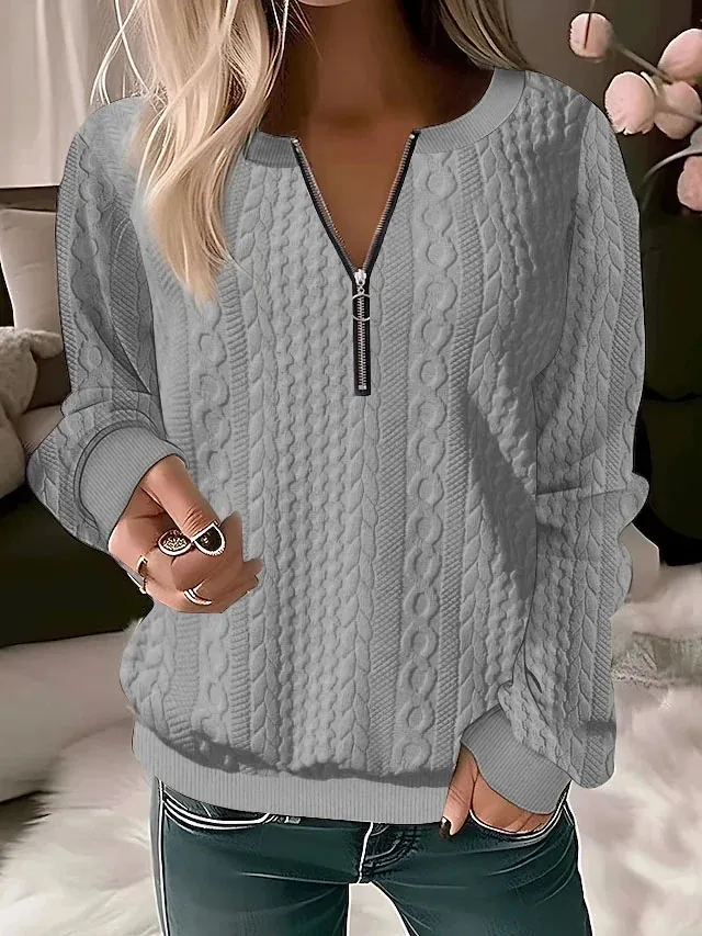 European And American Autumn And Winter New Women's Long Sleeve Solid Color And V neck Zipper T shirt Gray - Shop at LoveMi