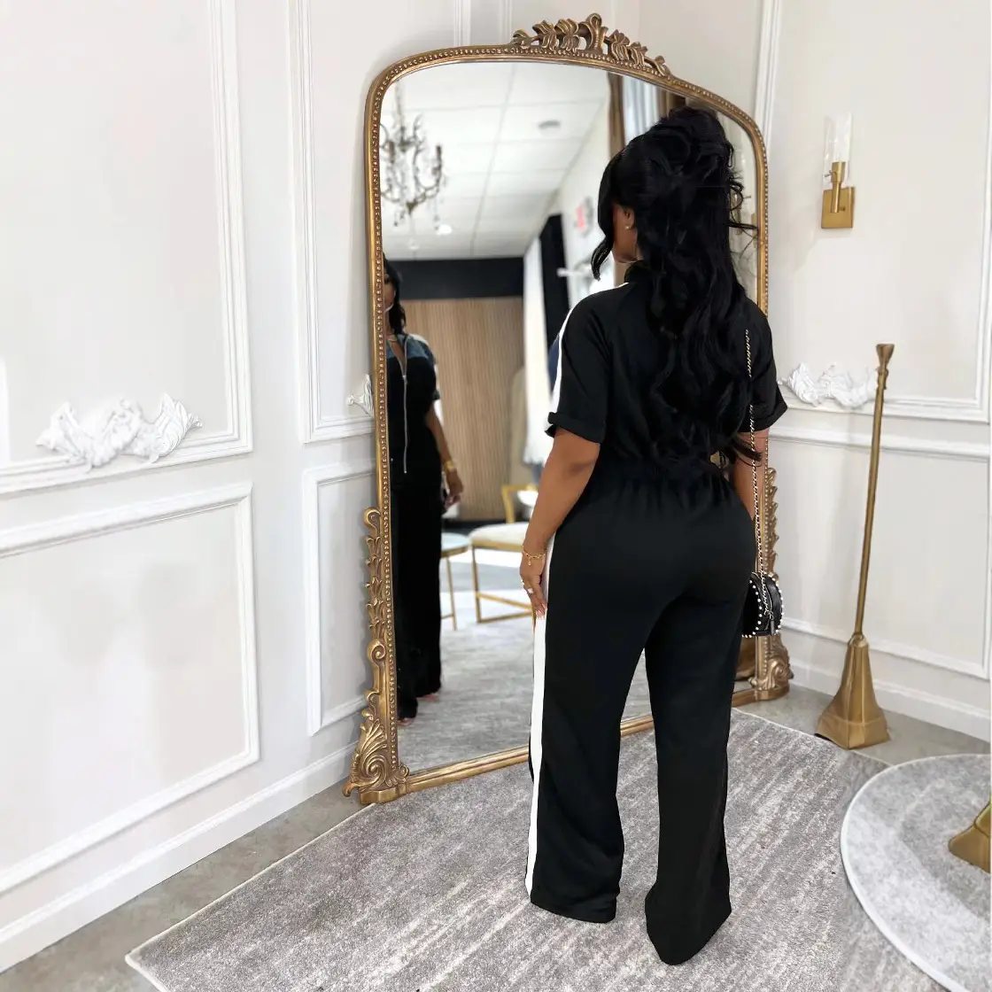 Stand-up Collar Short-sleeve Full-zip One-piece Pants