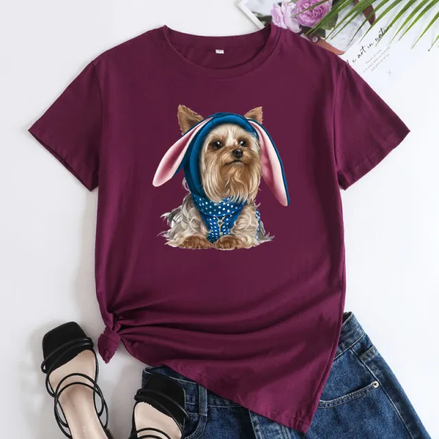 European And American Cute Dog Cotton Short sleeved T shirt Wine Red - Shop at LoveMi