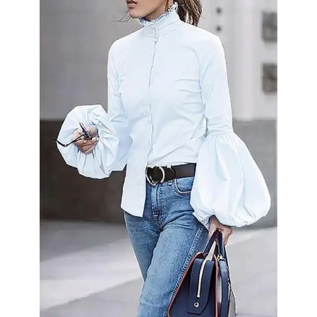 Stand Collar Puffy Sleeve Tup Cardigan Long Sleeve Lapel Shirt Tan - Shop at LoveMi