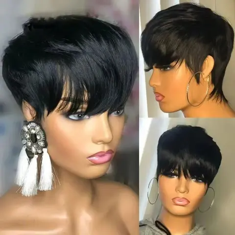 Short Straight Wig Women's Hair Head Cover Real Human