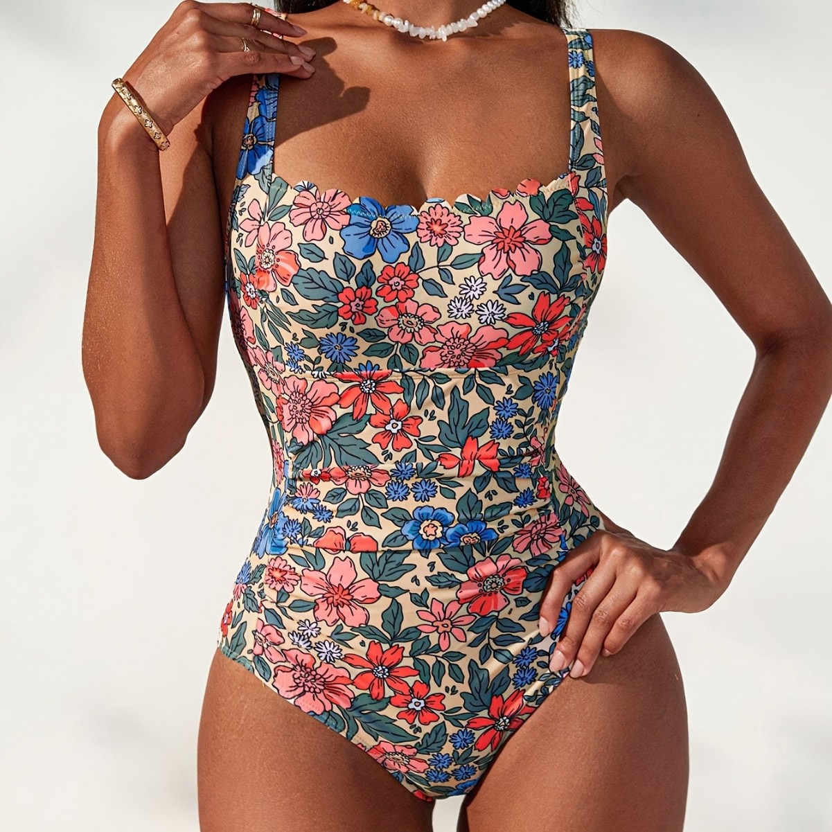 Printed Fashionable Ruffled-Edge Waist-Cinched Womens Swimsuit