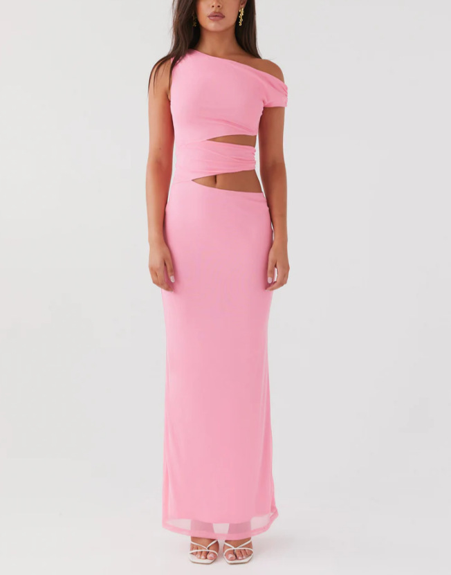 Solid Color Sloping Shoulder Dress Women's Summer Hollow out Midriff Sheath Dress Pink - Shop at LoveMi