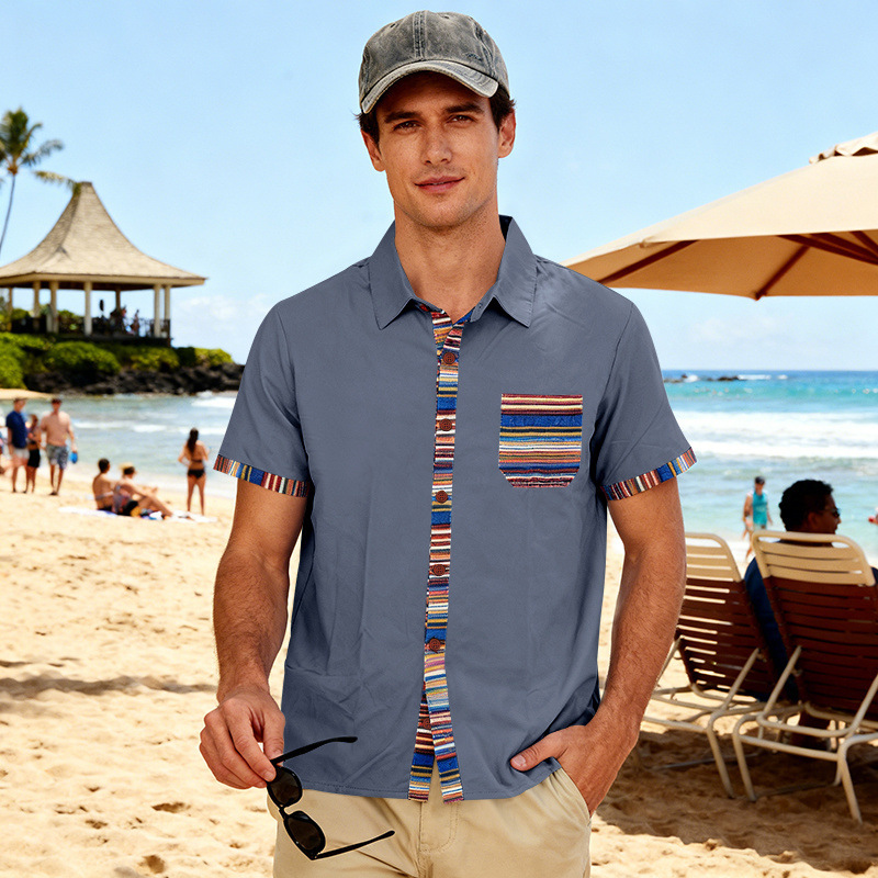 Men's Contrasting-Color Beach Short-Sleeve Casual Shirt