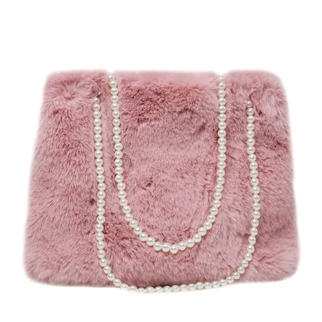 Women's Fashion Large Capacity Pearl Plush One shoulder Crossbody Bag Pink - Shop at LoveMi