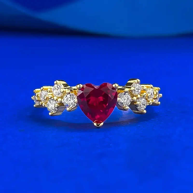S925 Silver Gold-colored Blood-red Diamond-studded Ring