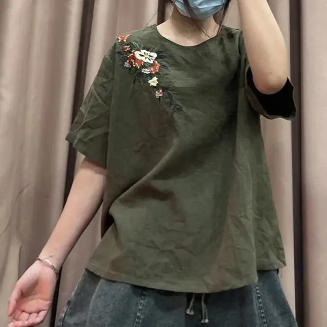 Women's Artistic Vintage Embroidery Linen Top Loose Pullover Green - Shop at LoveMi