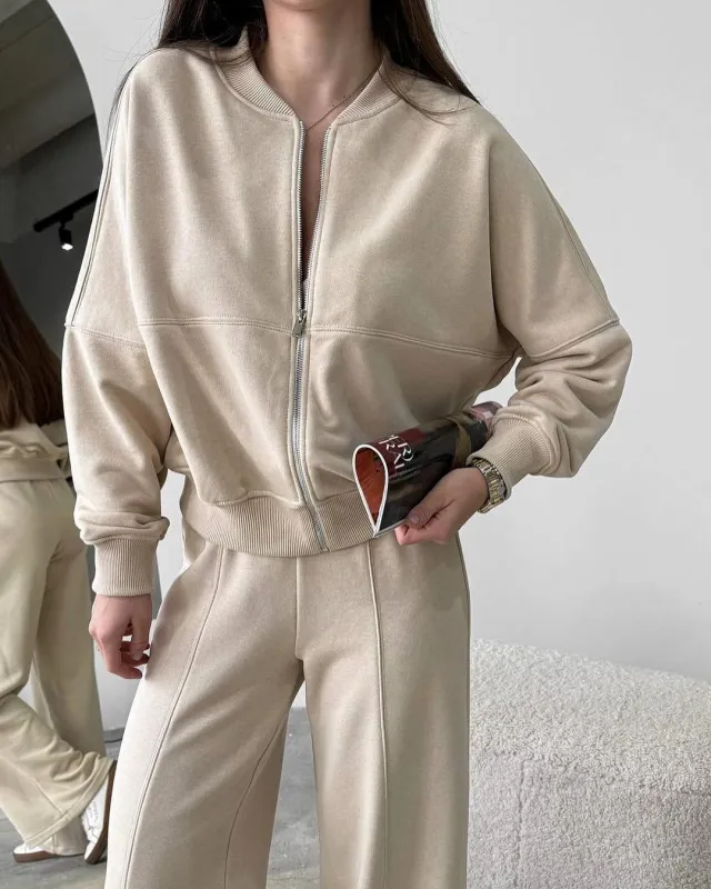 Spring Fashion Solid Color Zipper Cardigan Straight leg Pants Women's Suit Apricot - Shop at LoveMi