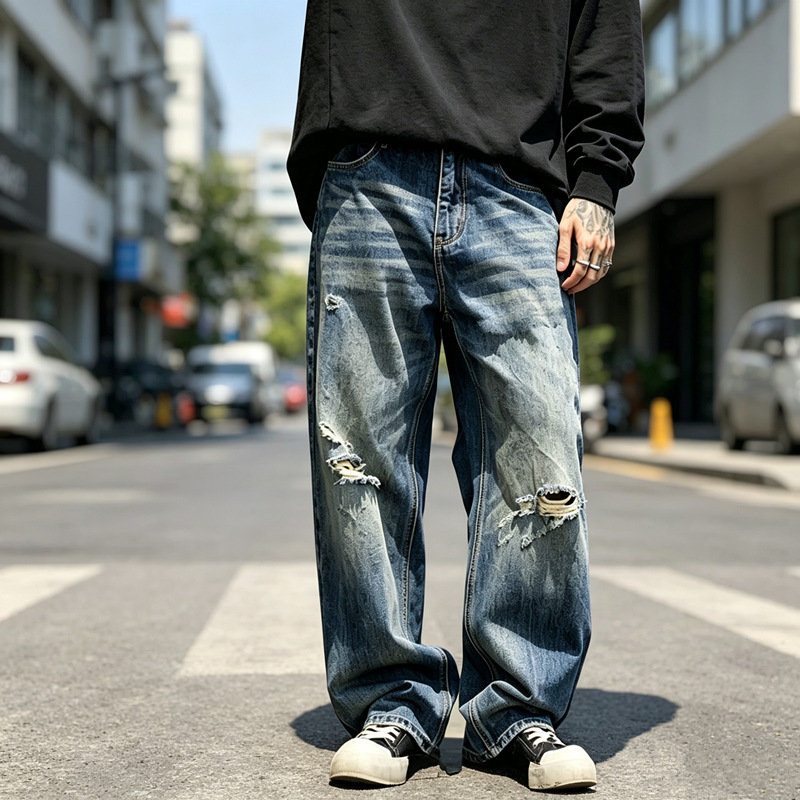 Mens Distressed Washed Ripped Baggy Straight Leg Denim Jeans